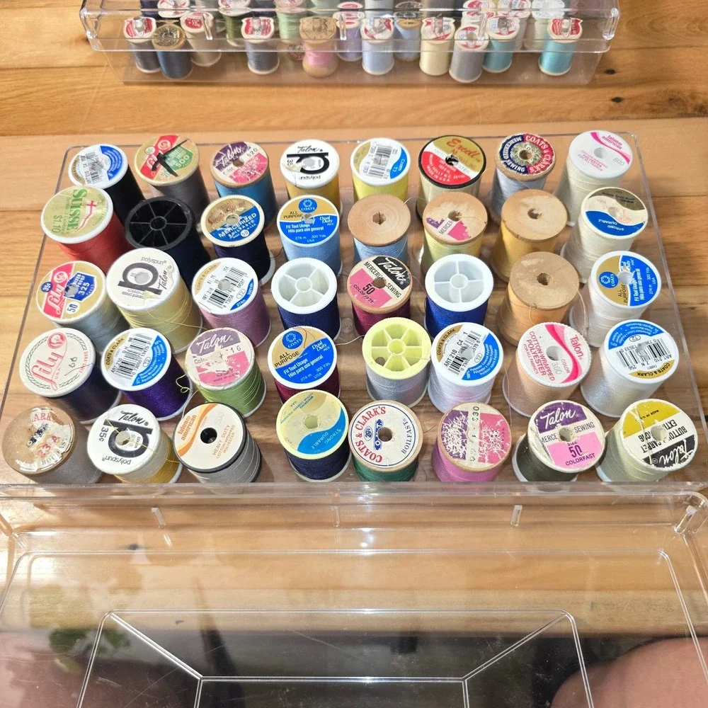 Vintage Sewing Thread Lot Wooden Plastic Spools Coats Clark Talon Lily 2 Cases